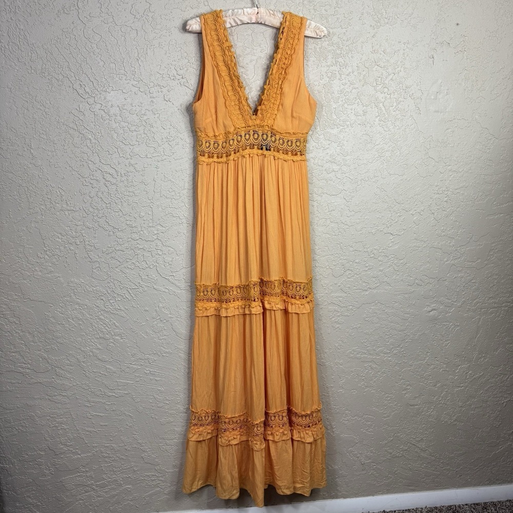 Rue 21 Boho Maxi Dress Womens S Babydoll Flowy Crochet LaceTiered Beach Festival